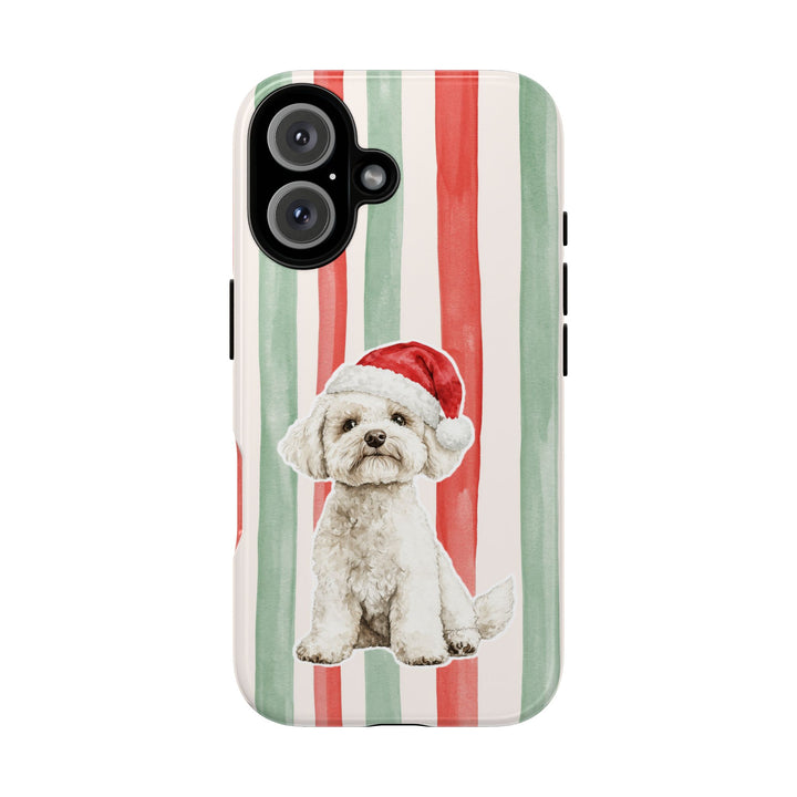 Maltese Christmas Tough iPhone Case, Red Sage Stripes, Santa Dog Phone Cover