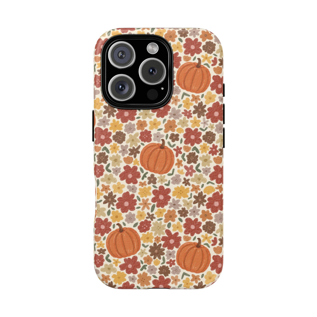 Floral Pumpkin Tough iPhone Case, Warm Autumn Flowers Fall Phone Cover, Matte or Glossy