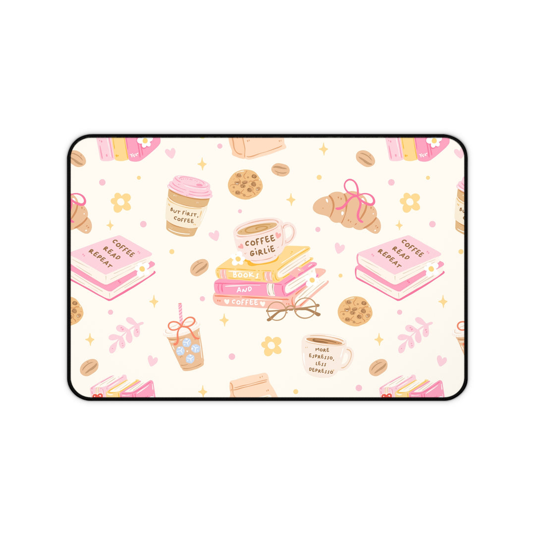 Coffee and Books Desk Mat, Pastel Pink Bookish Desk Pad, Non Slip Neoprene Office Decor