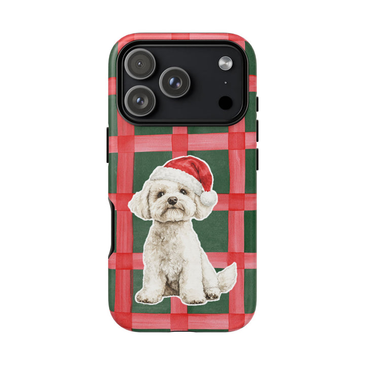 Maltese Christmas Tough iPhone Case, Red Green Plaid, Santa Dog Phone Cover