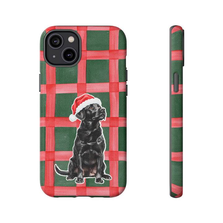 Black Labrador Christmas Tough iPhone Case, Red Green Plaid, Santa Dog Phone Cover