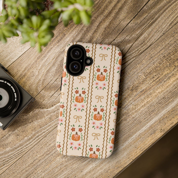 Girly Fall Pumpkin Bow Tough iPhone Case, Scalloped Floral Autumn Phone Cover, Matte or Glossy