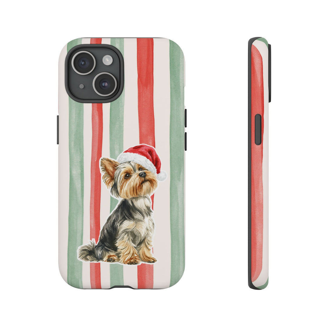 Yorkshire Terrier Christmas Tough iPhone Case, Red Sage Stripes, Santa Dog Phone Cover
