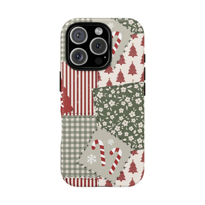 Christmas Patchwork Tough iPhone Case, Red Sage Floral Gingham Holiday Phone Cover, Matte or Glossy