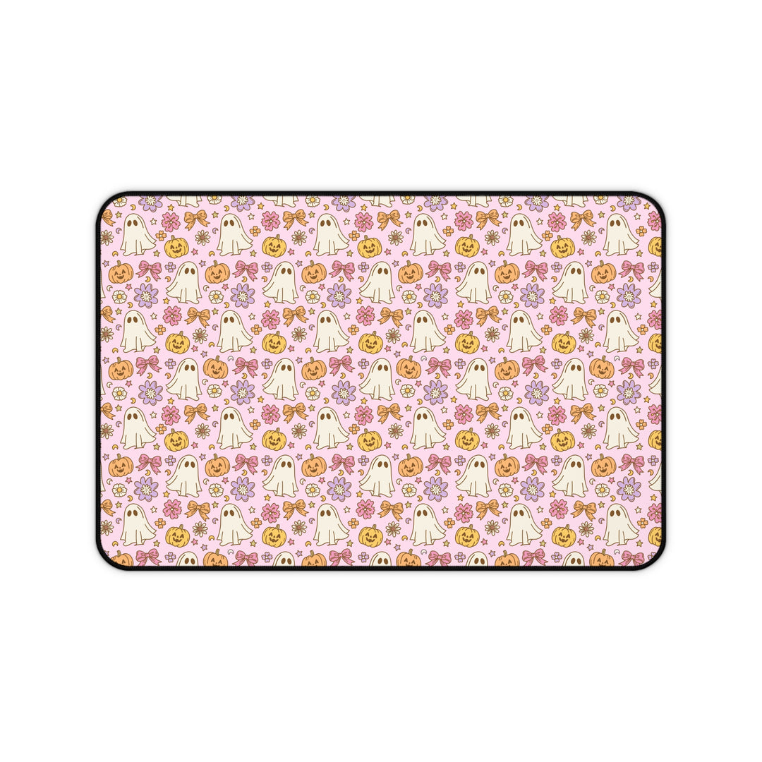 Vintage Ghost Floral Desk Mat, Pink Halloween Pumpkin and Bow Desk Pad, Cute Retro Spooky Large Mouse Pad