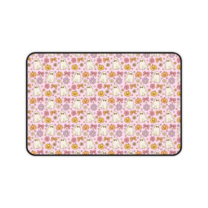 Vintage Ghost Floral Desk Mat, Pink Halloween Pumpkin and Bow Desk Pad, Cute Retro Spooky Large Mouse Pad