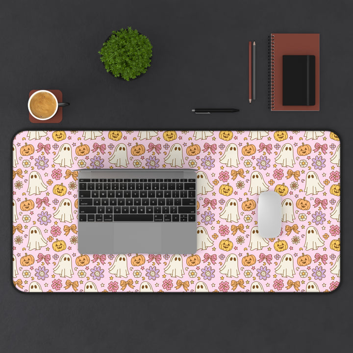 Vintage Ghost Floral Desk Mat, Pink Halloween Pumpkin and Bow Desk Pad, Cute Retro Spooky Large Mouse Pad