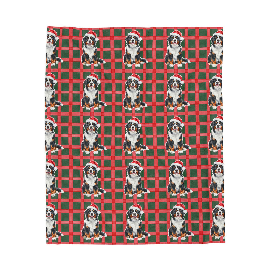 Bernese Mountain Dog Christmas Velveteen Plush Blanket, Red Green Plaid, Santa Dog Throw