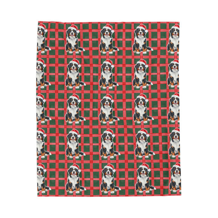 Bernese Mountain Dog Christmas Velveteen Plush Blanket, Red Green Plaid, Santa Dog Throw