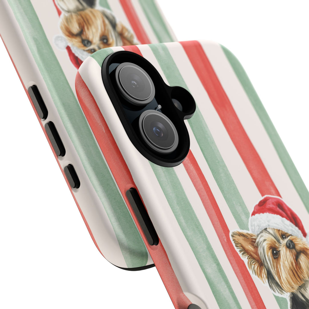 Yorkshire Terrier Christmas Tough iPhone Case, Red Sage Stripes, Santa Dog Phone Cover
