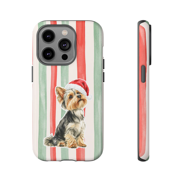 Yorkshire Terrier Christmas Tough iPhone Case, Red Sage Stripes, Santa Dog Phone Cover