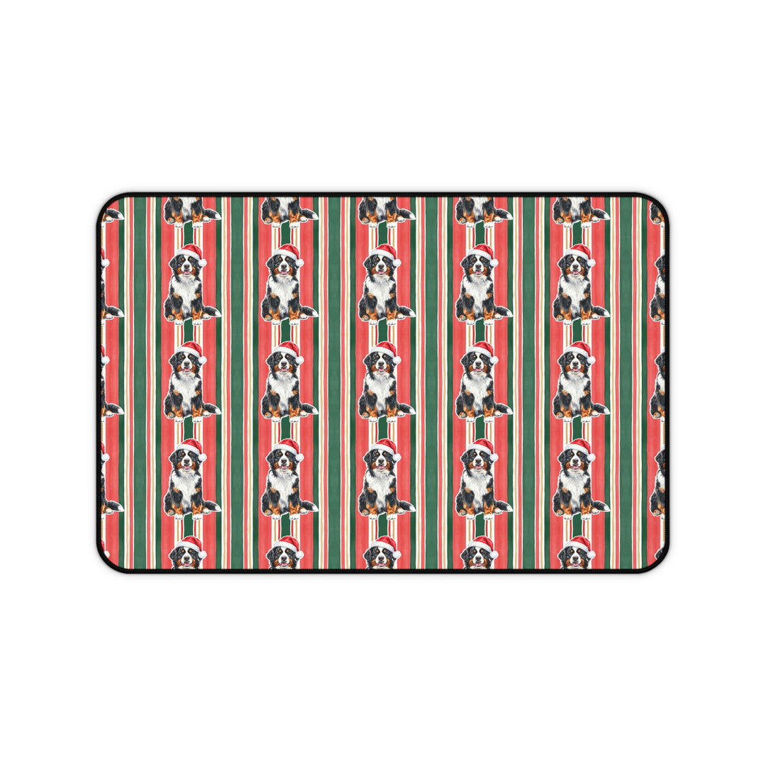 Bernese Mountain Dog Christmas Desk Mat, Classic Red Green Stripes, Santa Dog Desk Pad