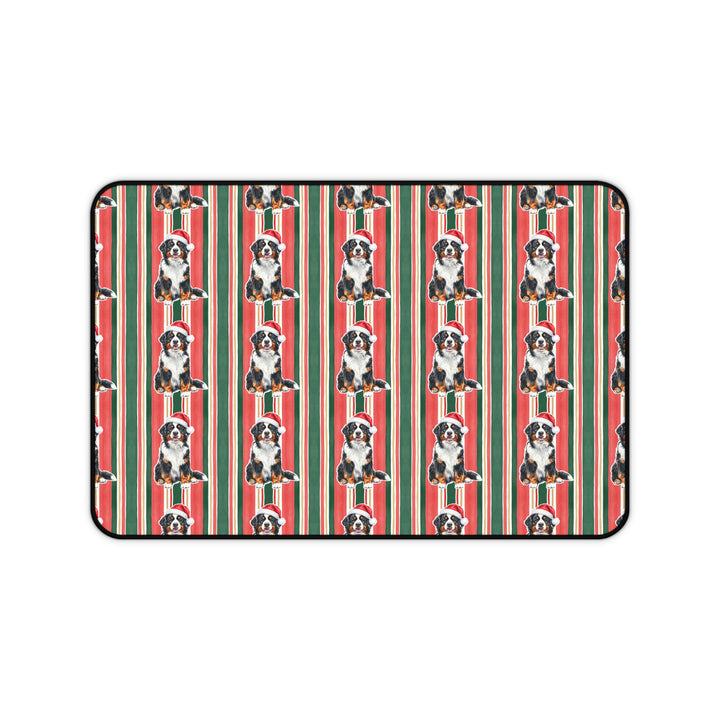 Bernese Mountain Dog Christmas Desk Mat, Classic Red Green Stripes, Santa Dog Desk Pad