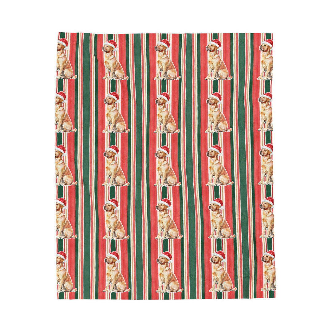 Yellow Labrador Christmas Velveteen Plush Blanket, Classic Red Green Stripes, Santa Dog Throw