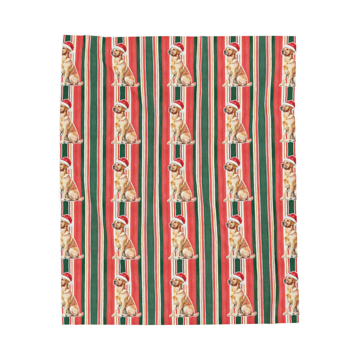 Yellow Labrador Christmas Velveteen Plush Blanket, Classic Red Green Stripes, Santa Dog Throw