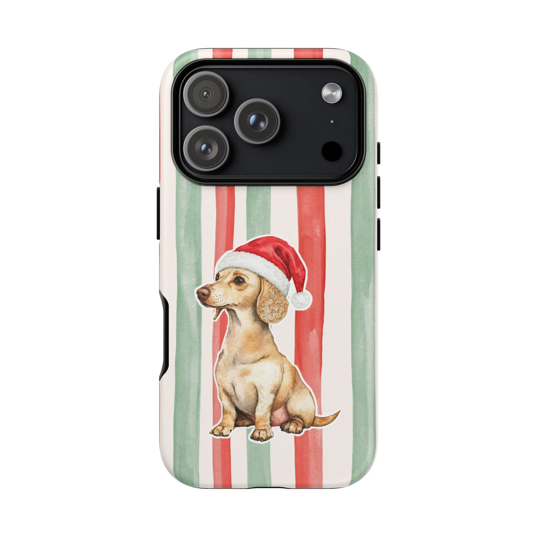 Dachshund Christmas Tough iPhone Case, Red Sage Stripes, Santa Dog Phone Cover