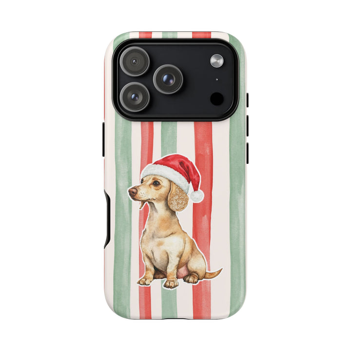 Dachshund Christmas Tough iPhone Case, Red Sage Stripes, Santa Dog Phone Cover