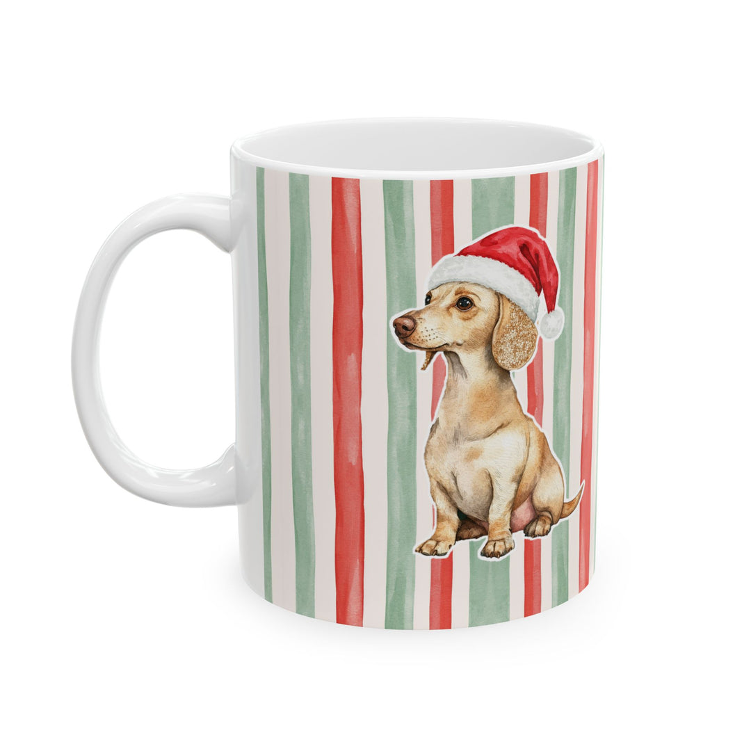 Dachshund Christmas Mug, Red Sage Stripes, 11oz White Ceramic
