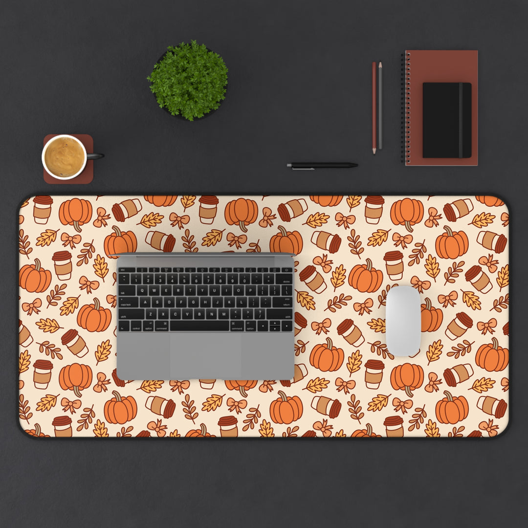 Fall Pumpkin Coffee Desk Mat, Autumn Leaves and Bows Desk Pad, Cozy Large Mouse Pad