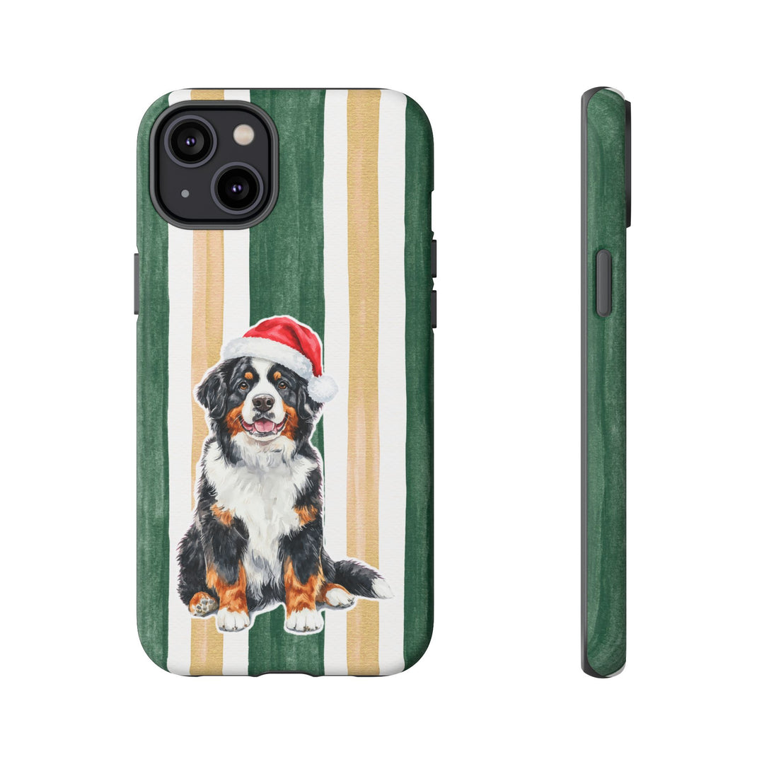 Bernese Mountain Dog Christmas Tough iPhone Case, Green Gold Stripes, Santa Dog Phone Cover
