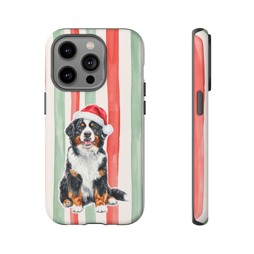 Bernese Mountain Dog Christmas Tough iPhone Case, Red Sage Stripes, Santa Dog Phone Cover