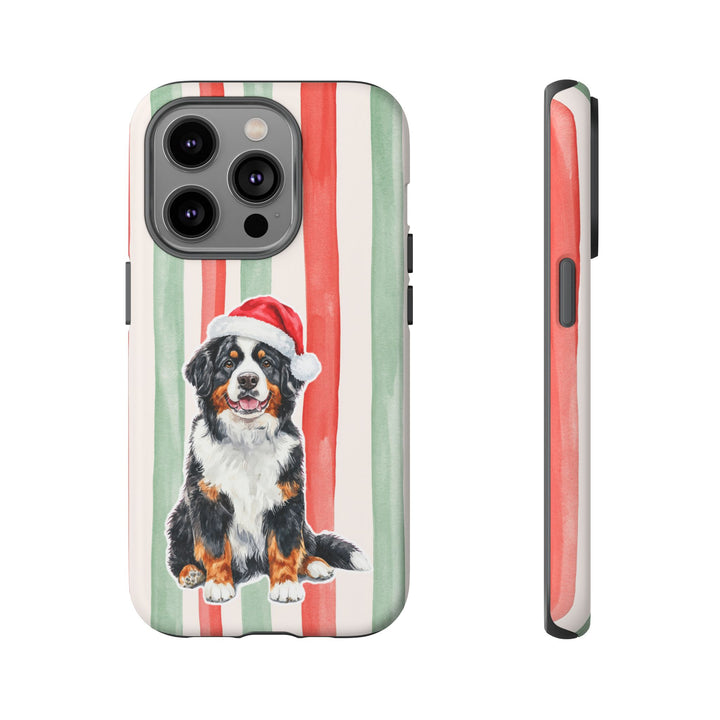 Bernese Mountain Dog Christmas Tough iPhone Case, Red Sage Stripes, Santa Dog Phone Cover