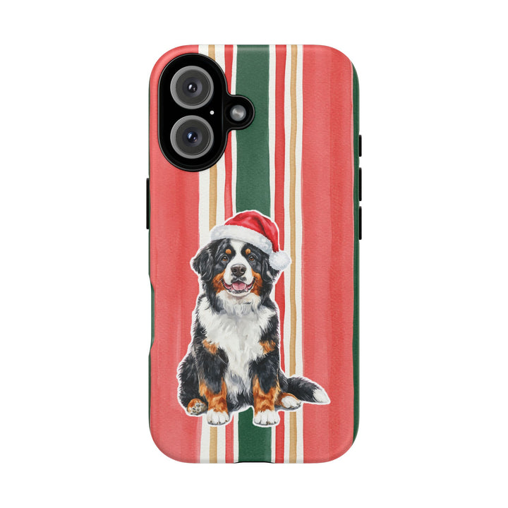 Bernese Mountain Dog Christmas Tough iPhone Case, Classic Red Green Stripes, Santa Dog Phone Cover