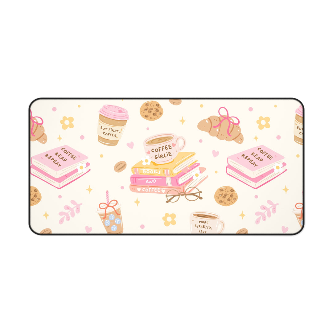 Coffee and Books Desk Mat, Pastel Pink Bookish Desk Pad, Non Slip Neoprene Office Decor