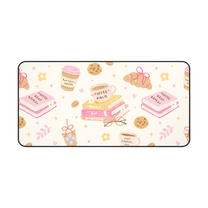 Coffee and Books Desk Mat, Pastel Pink Bookish Desk Pad, Non Slip Neoprene Office Decor
