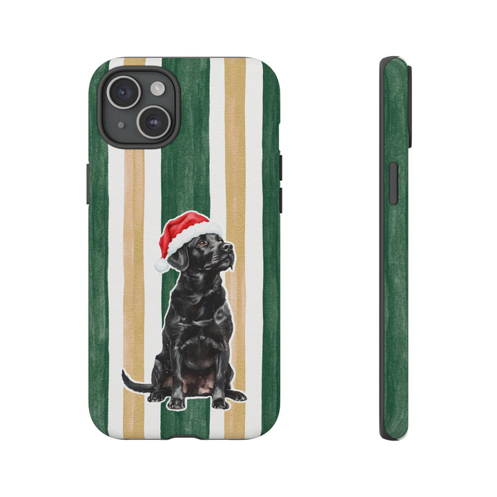 Black Labrador Christmas Tough iPhone Case, Green Gold Stripes, Santa Dog Phone Cover