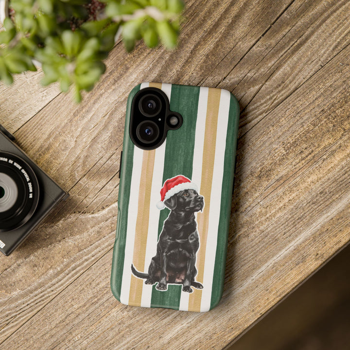 Black Labrador Christmas Tough iPhone Case, Green Gold Stripes, Santa Dog Phone Cover