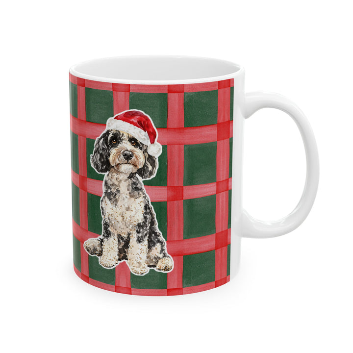 Doodle Christmas Mug, Red Green Plaid, 11oz White Ceramic