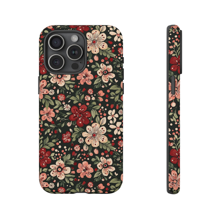 Retro Christmas Floral Tough iPhone Case, Dark Botanical Pink Red Flower Phone Cover, Matte or Glossy
