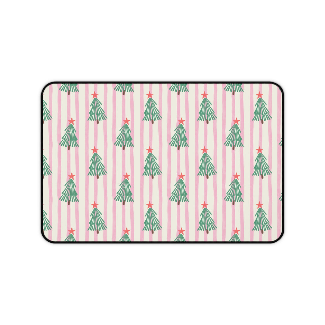 Retro Christmas Tree Desk Mat, Pink Stripe Holiday Desk Pad, Green Trees and Red Stars Office Decor