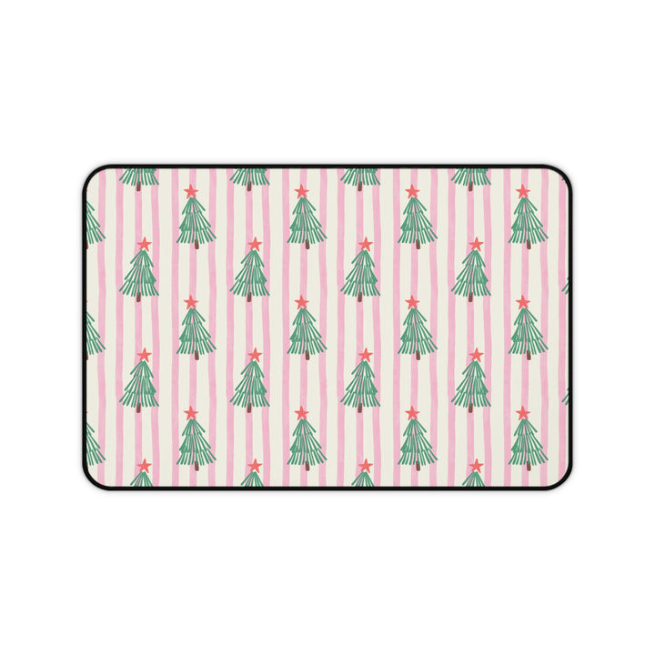 Retro Christmas Tree Desk Mat, Pink Stripe Holiday Desk Pad, Green Trees and Red Stars Office Decor