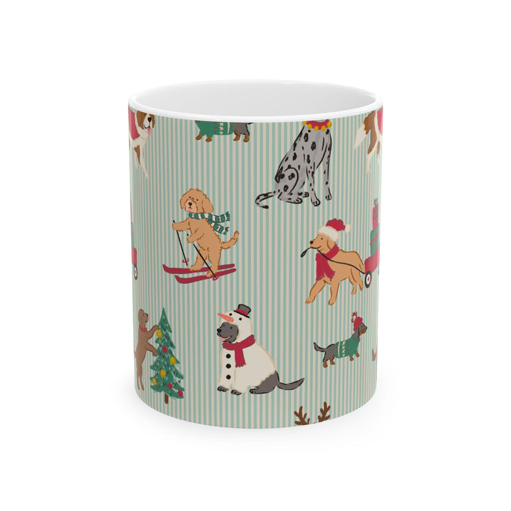 Christmas Dog Ceramic Mug, Green Stripe Holiday Coffee Cup, Festive Puppy Gift, 11oz and 15oz
