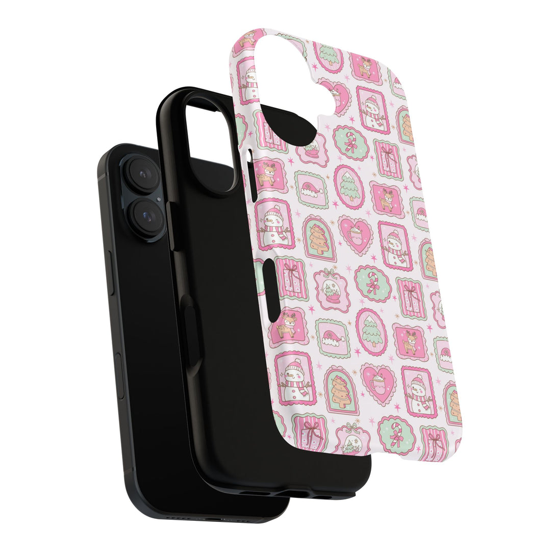 Pink Christmas Frames Tough iPhone Case, Pastel Snowman Reindeer Holiday Phone Cover, Matte or Glossy
