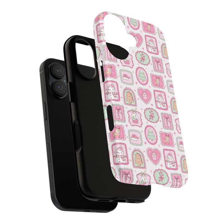 Pink Christmas Frames Tough iPhone Case, Pastel Snowman Reindeer Holiday Phone Cover, Matte or Glossy