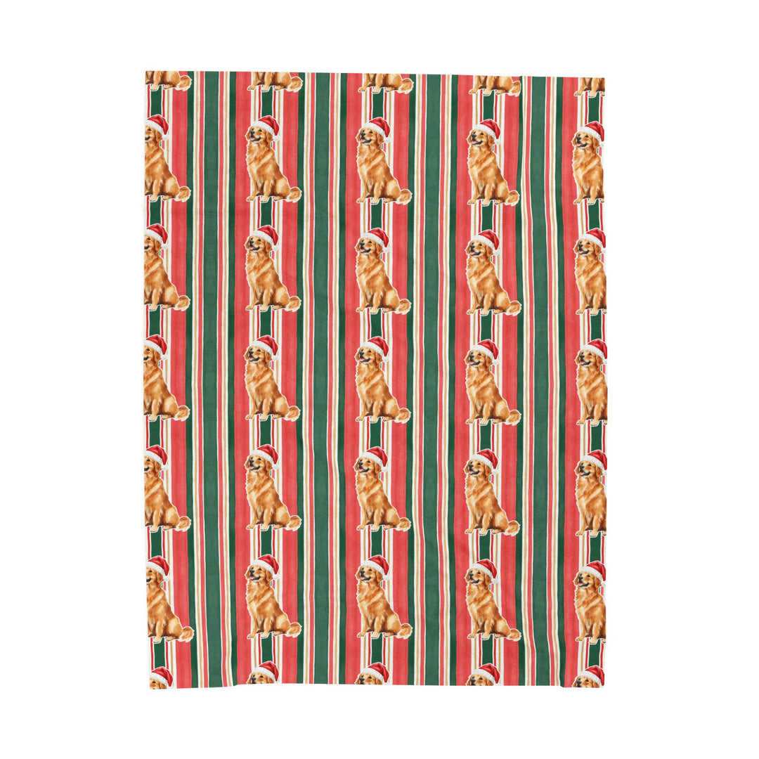 Golden Retriever Christmas Velveteen Plush Blanket, Classic Red Green Stripes, Santa Dog Throw