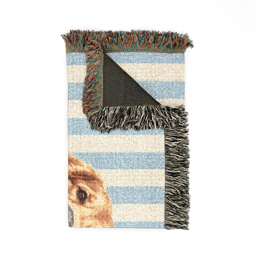 Custom Watercolor Dog Woven Blanket, Light Blue White Stripes, Personalized Pet Photo Cotton Throw, 60 x 50