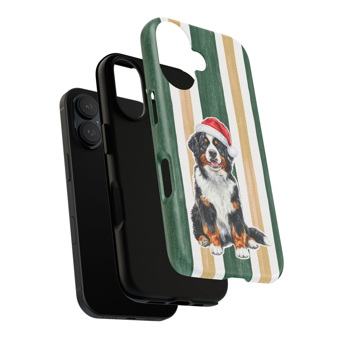 Bernese Mountain Dog Christmas Tough iPhone Case, Green Gold Stripes, Santa Dog Phone Cover