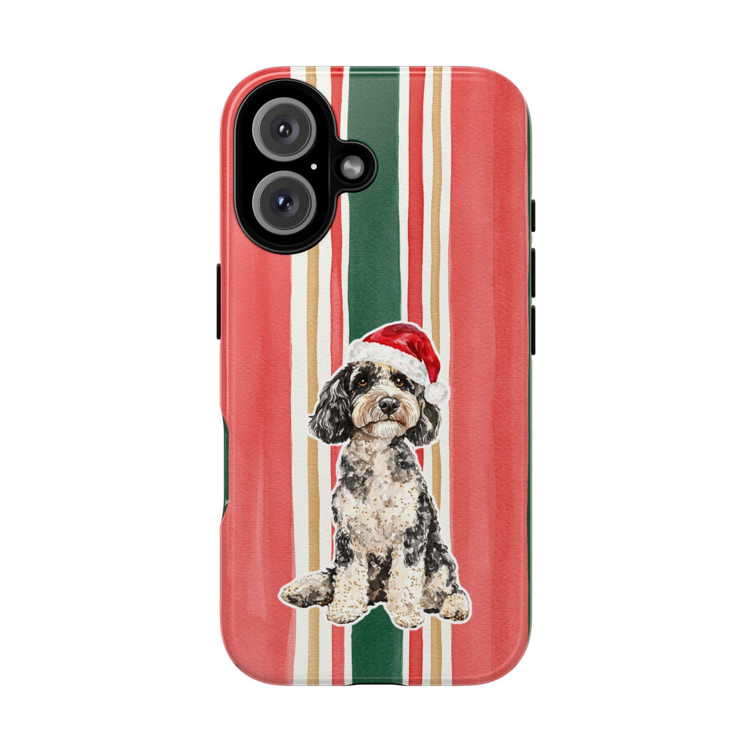 Doodle Christmas Tough iPhone Case, Classic Red Green Stripes, Santa Dog Phone Cover