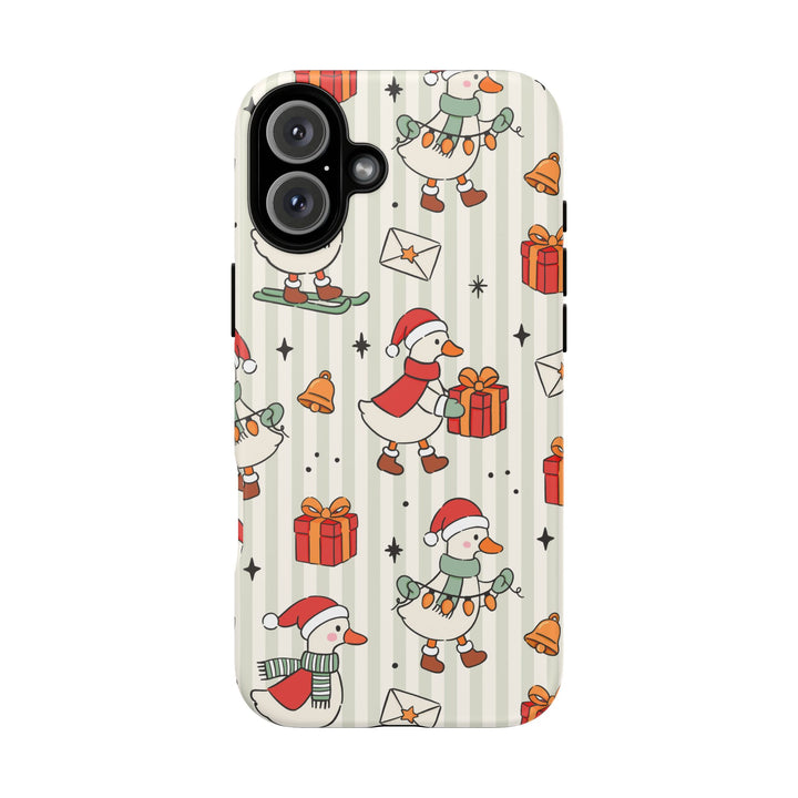 Christmas Goose Tough iPhone Case, Cute Holiday Geese Green Stripe Phone Cover, Matte or Glossy
