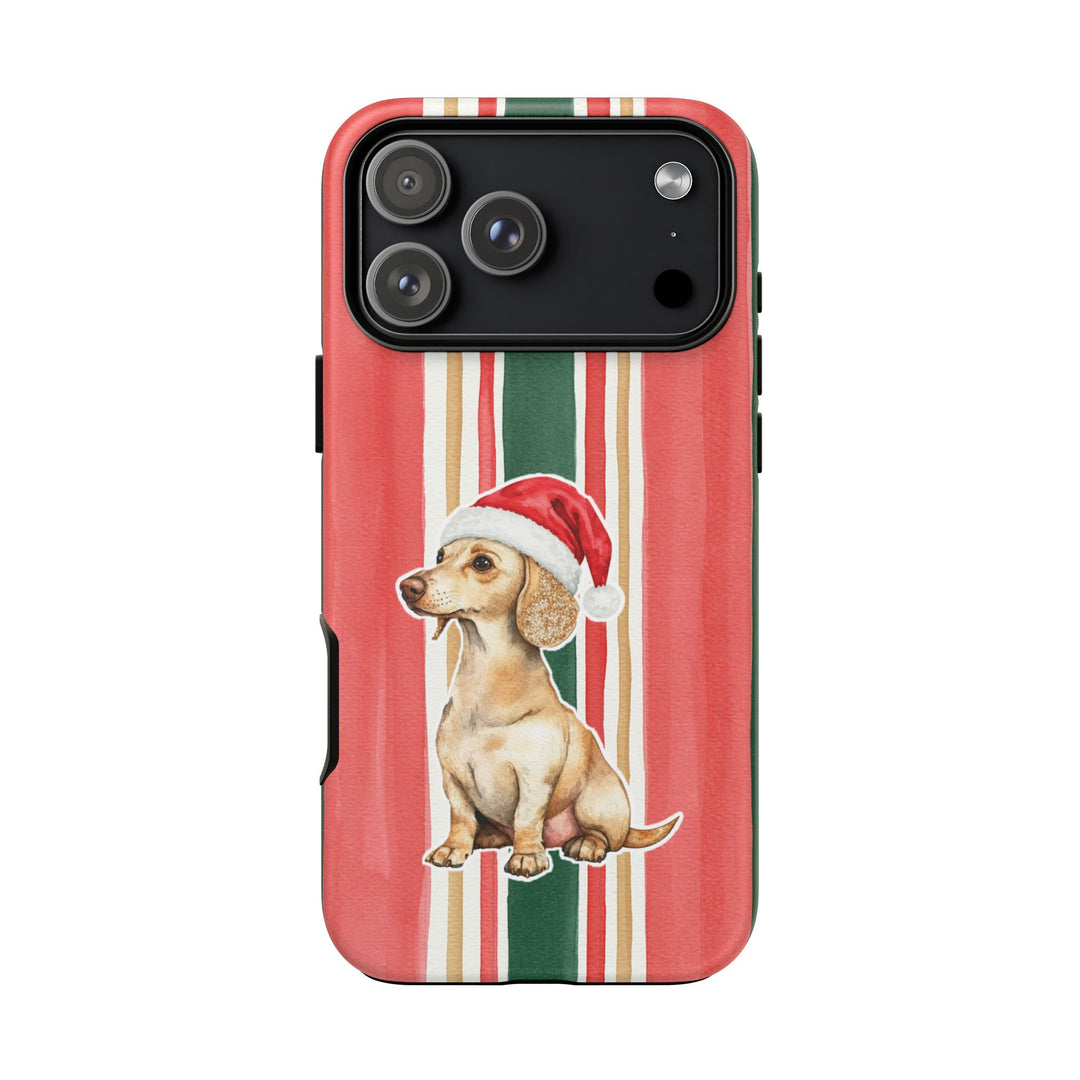 Dachshund Christmas Tough iPhone Case, Classic Red Green Stripes, Santa Dog Phone Cover
