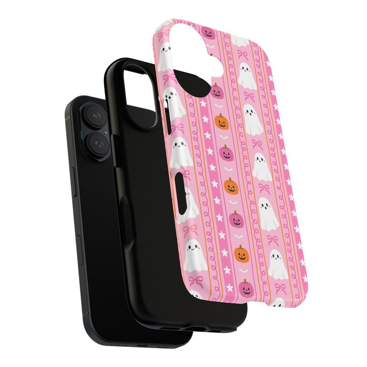Pink Ghost Stripe Tough iPhone Case, Cute Halloween Pumpkin Bow Phone Cover, Matte or Glossy