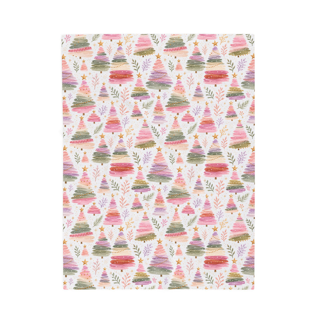 Pastel Christmas Tree Velveteen Plush Blanket, Pink Lavender Sage Holiday Throw, Watercolor Cozy Gift