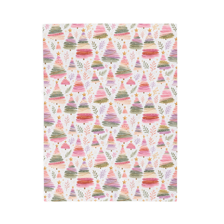 Pastel Christmas Tree Velveteen Plush Blanket, Pink Lavender Sage Holiday Throw, Watercolor Cozy Gift