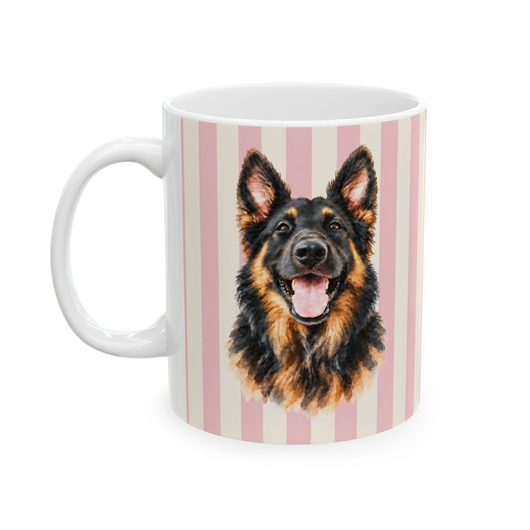 Custom Watercolor Pet Mug, Light Pink Cream Stripes, Personalized Dog Photo Coffee Cup, 11oz
