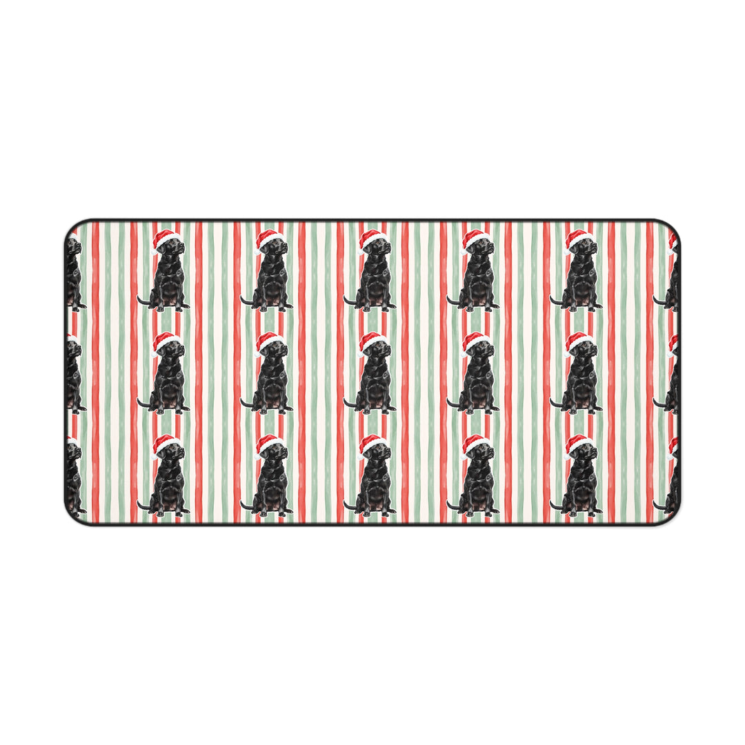 Black Labrador Christmas Desk Mat, Red Sage Stripes, Santa Dog Desk Pad