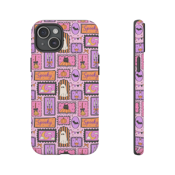 Pink Spooky Frames Tough iPhone Case, Halloween Ghost Black Cat Pumpkin Phone Cover, Matte or Glossy